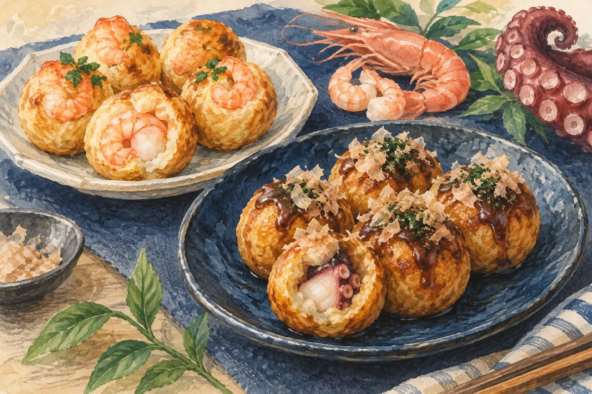 えび焼きとたこ焼きのイメージ（AI生成イラスト）