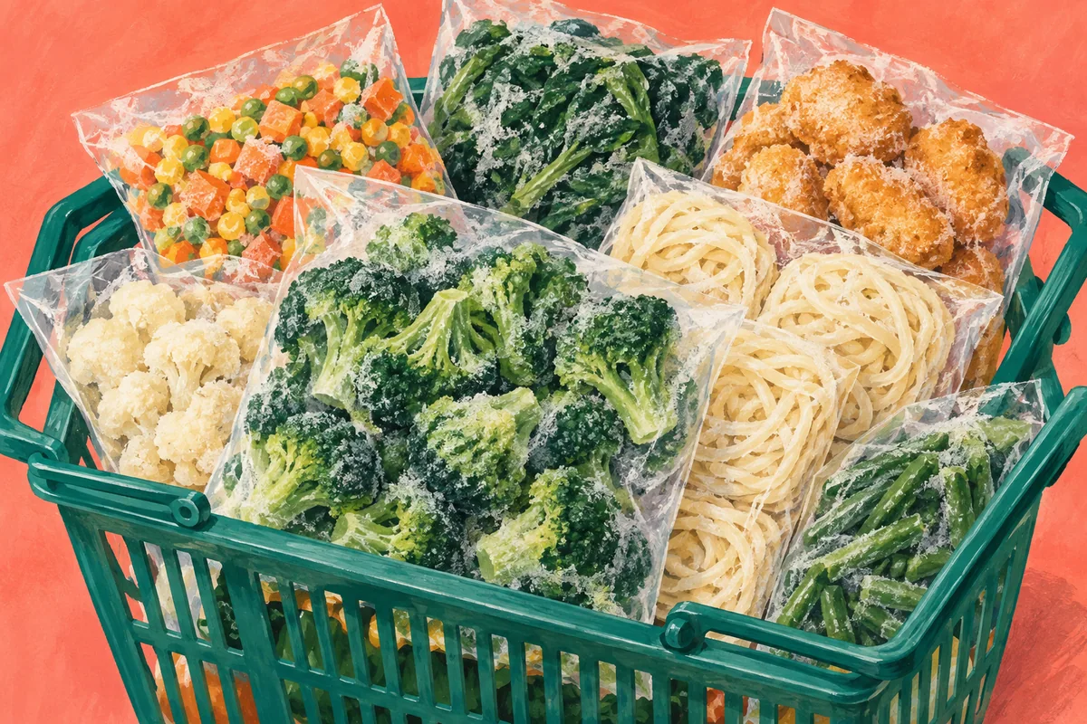 大袋の冷凍野菜や麺を入れた買い物かご(AI生成イラスト)