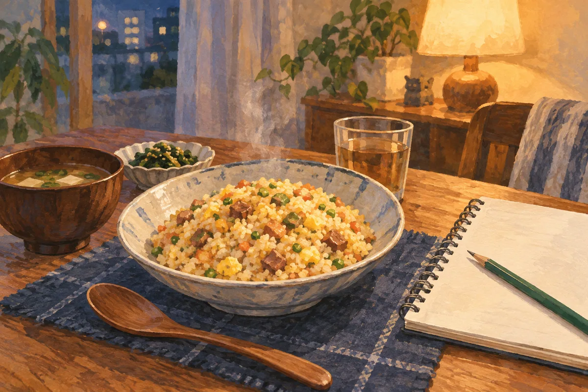 夕食の炒飯と調査メモ（AI生成イラスト）