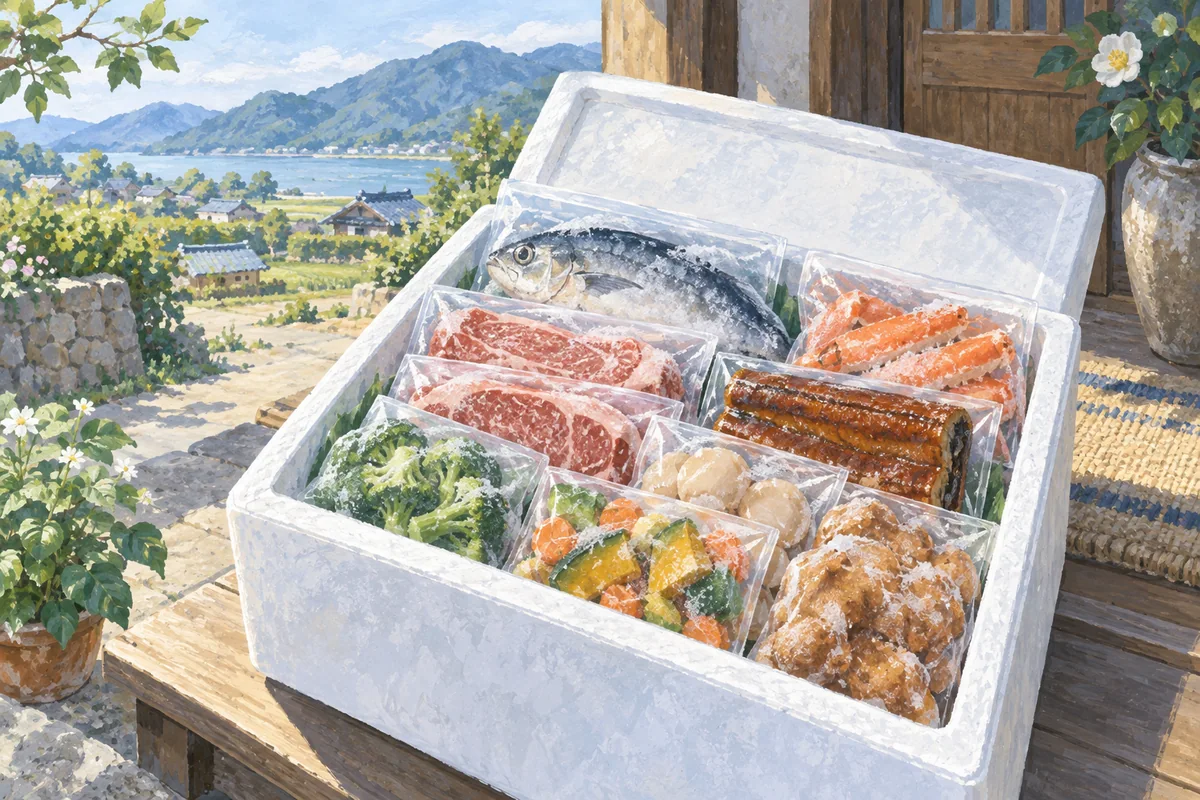 小分けの冷凍食材が届いた保冷箱(AI生成イラスト)