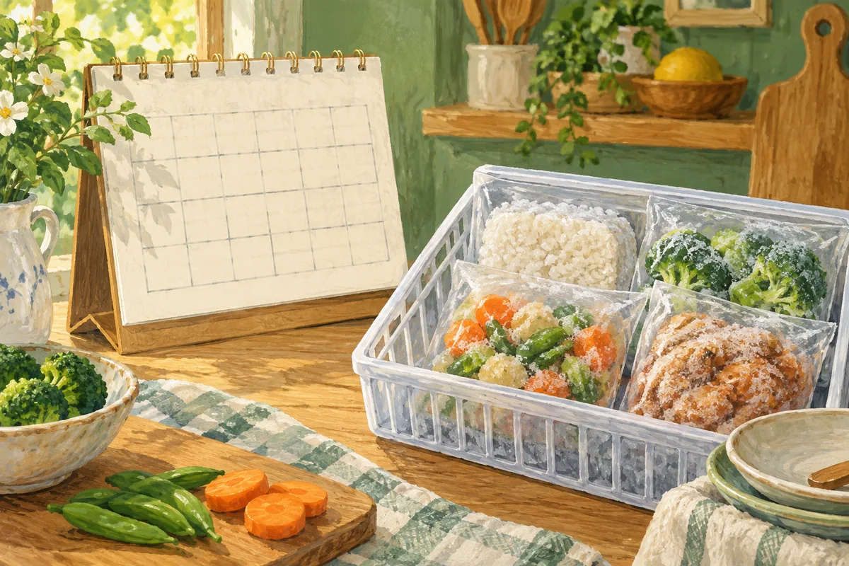 予定表と連休に備える冷凍食品（AI生成イラスト）