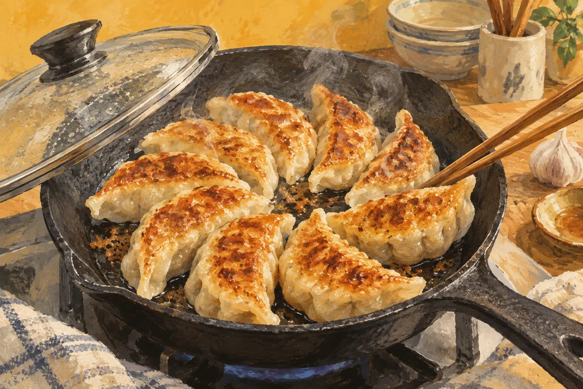 フライパンで焼く餃子とふた（AI生成イラスト）
