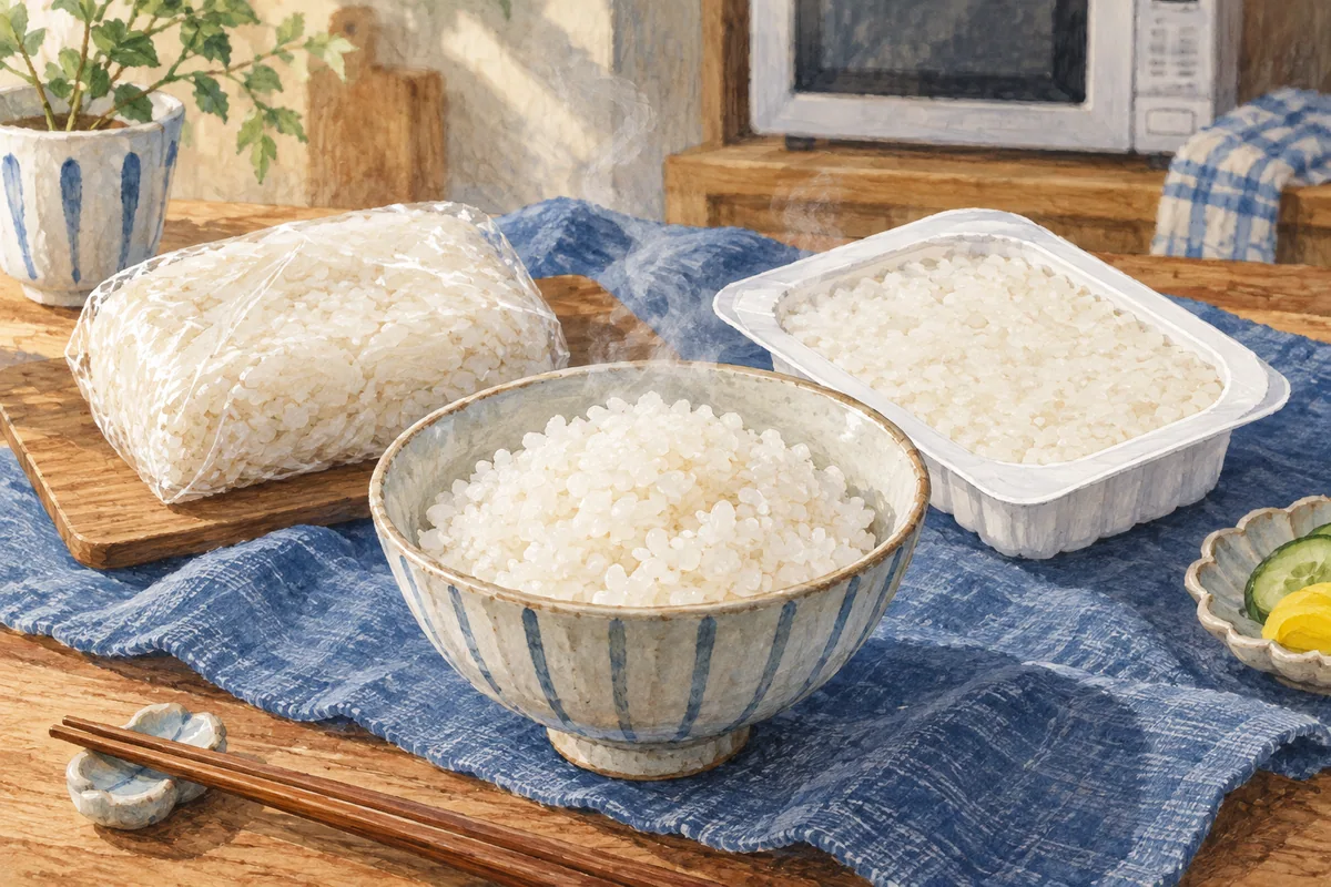 ごはん茶碗・冷凍ごはん・パックごはん（AI生成イラスト）