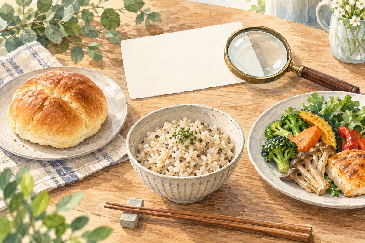 パン・主食・おかずと表示を確認する虫眼鏡（AI生成イラスト）