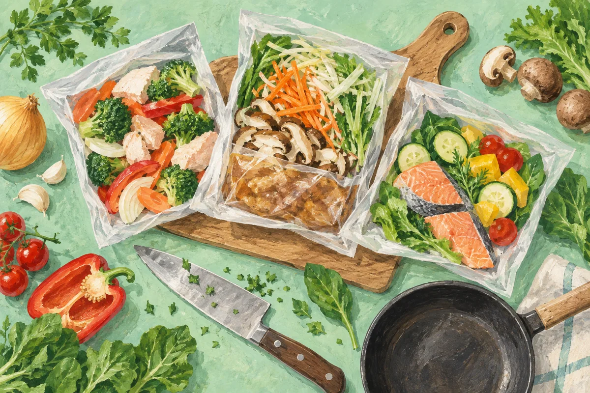 食材と調理道具を並べたミールキットの準備(AI生成イラスト)