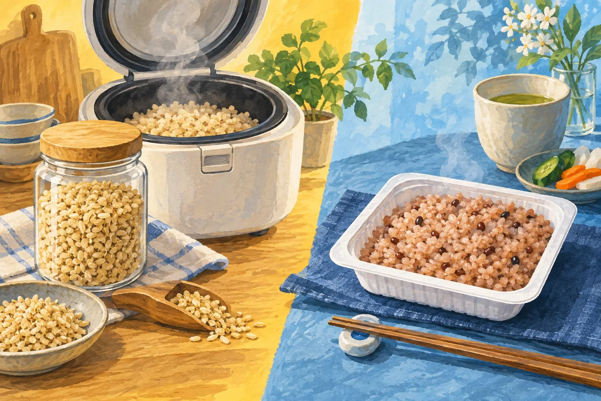 炊飯器で炊くお米とパックごはん（AI生成イラスト）