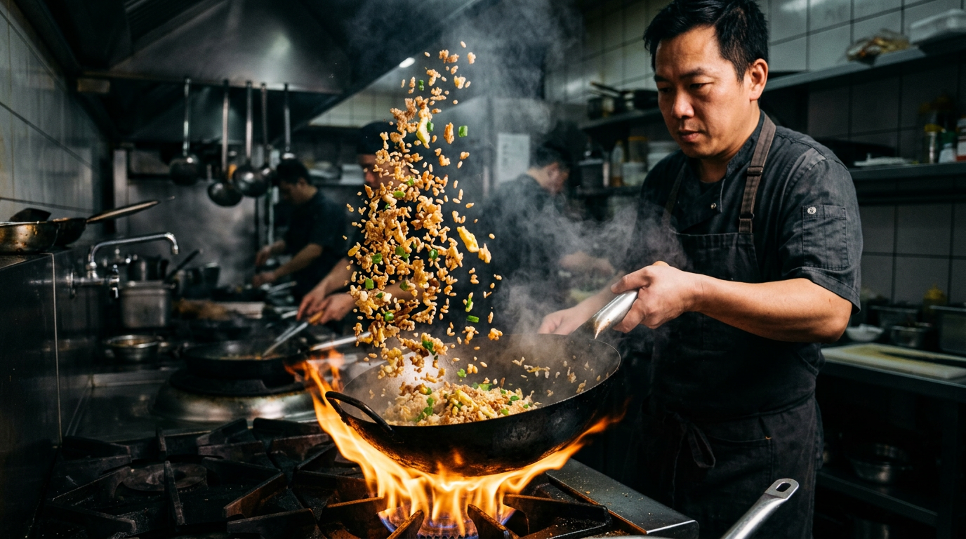 中華鍋で高火力で炒められるチャーハン、米粒が宙を舞う