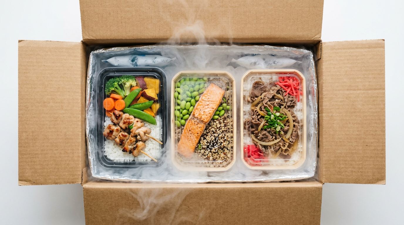 玄関に届いたダンボールを開けると冷凍宅配弁当が並ぶ