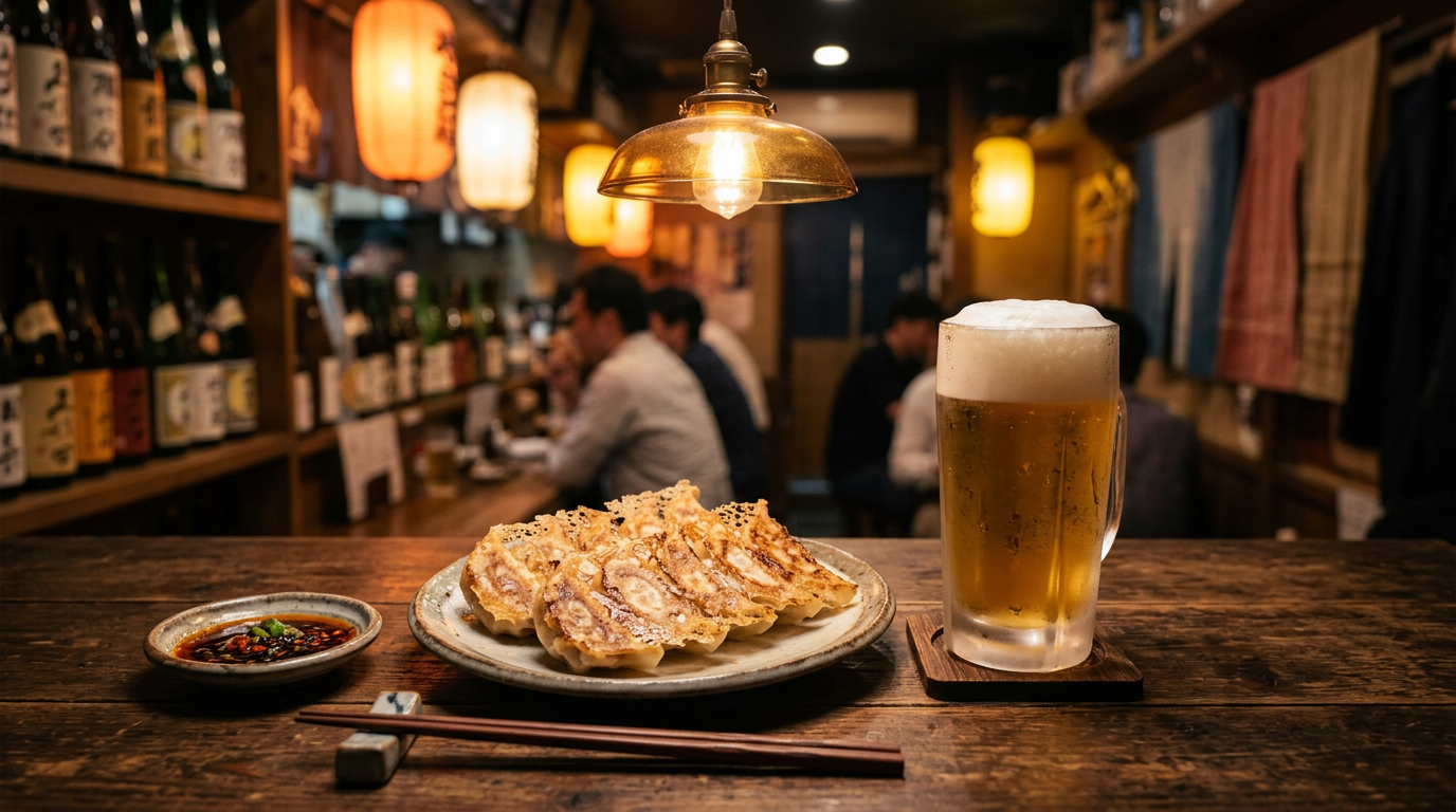 居酒屋のカウンターに置かれた羽根つき餃子とジョッキビール