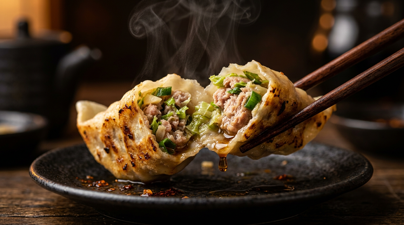 箸で割った餃子から湯気と肉汁が溢れる