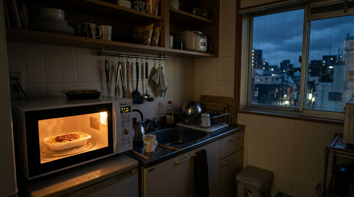 一人暮らしアパートの夜、電子レンジだけが明るくパスタトレイを温める