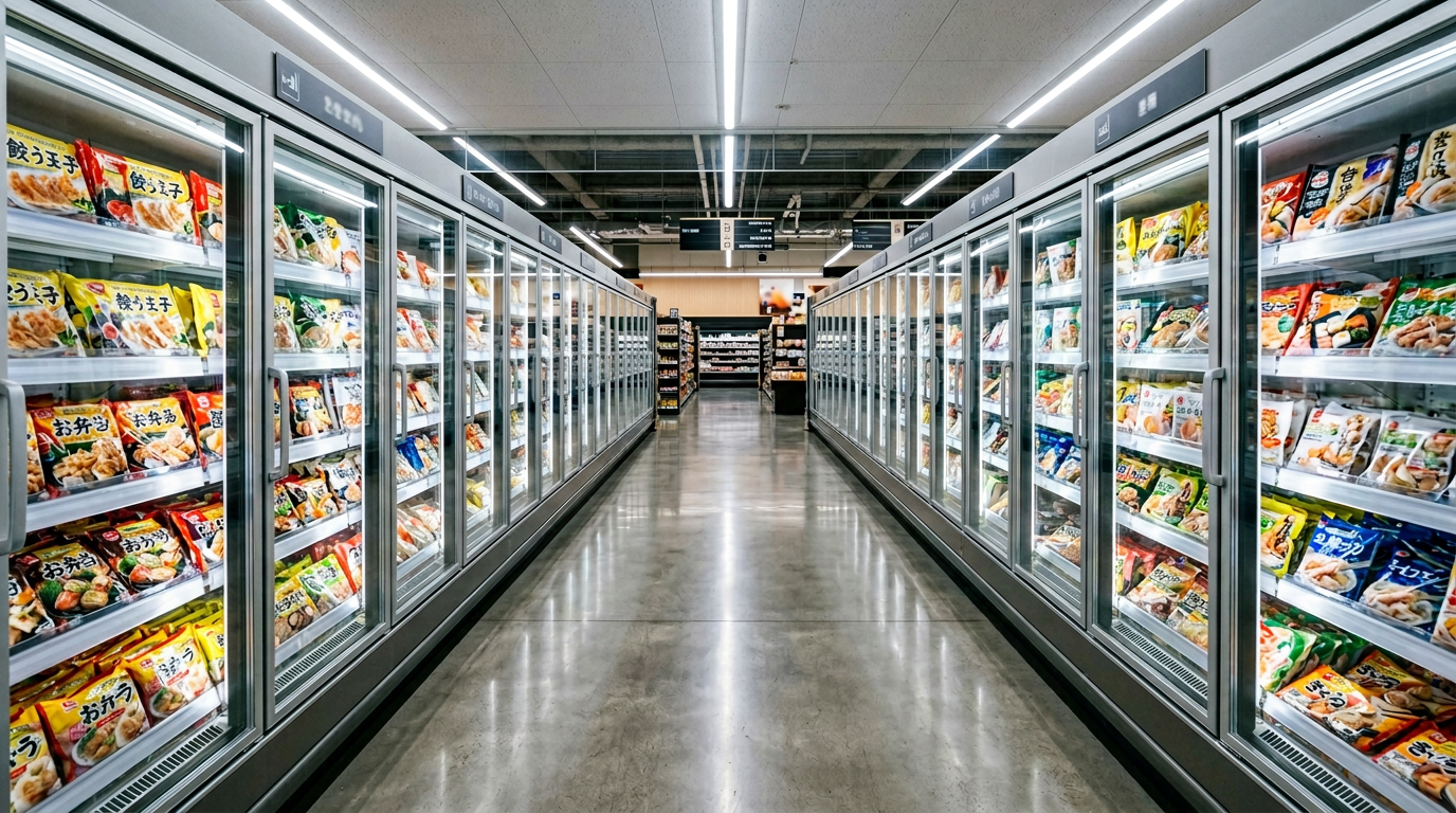 スーパーの冷凍コーナーに並ぶ冷凍食品